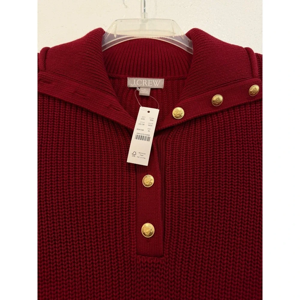 J.Crew Womens Burgundy Cotton Fisherman Sweater Gold Crest Button XL New - Picture 3 of 6